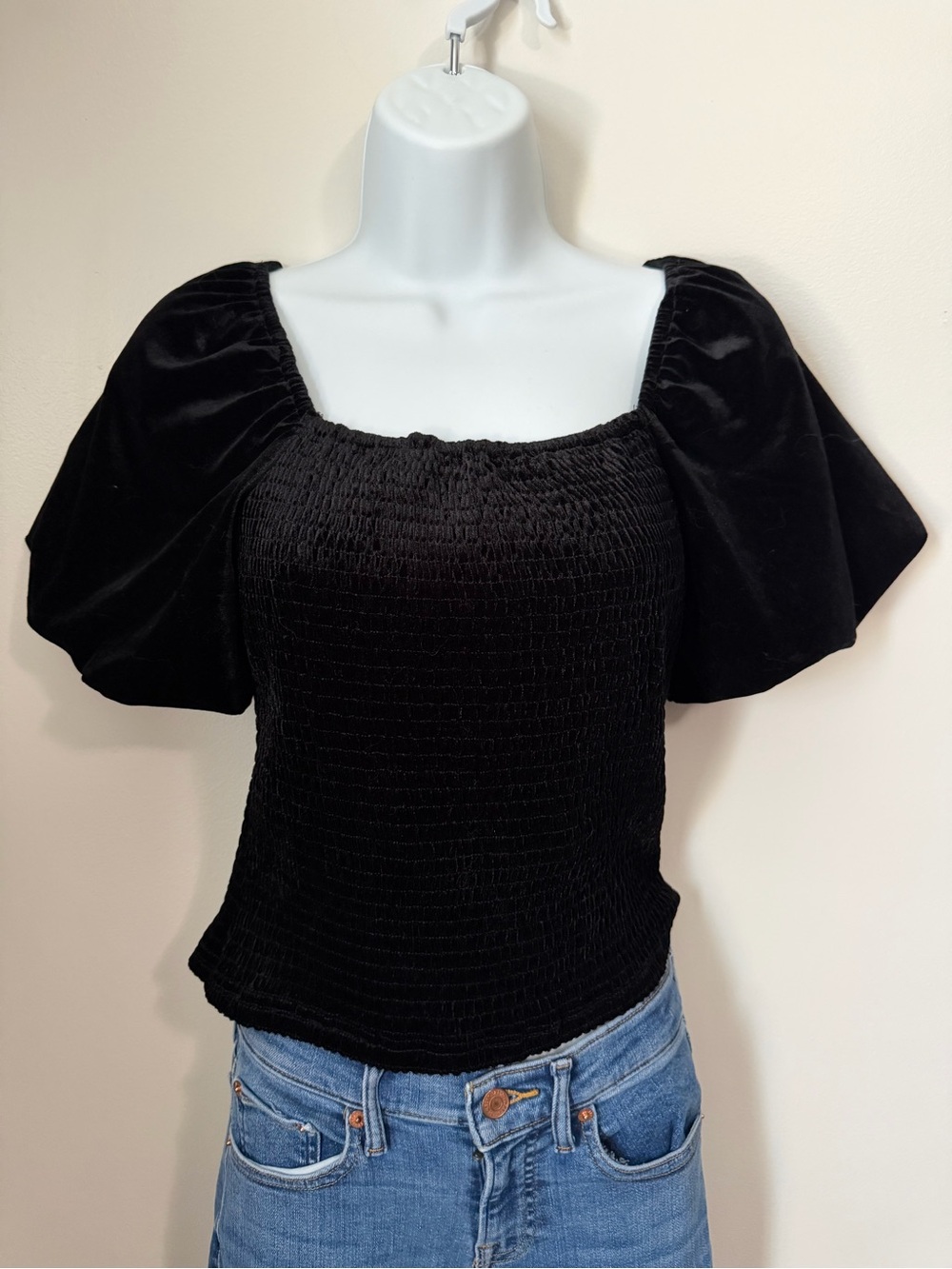 Skies Are Blue Black Smocked Square-Neck Puff Sleeve Top size XS